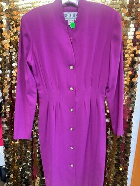 Tailored vintage  Magenta Midi Dress with Button Front